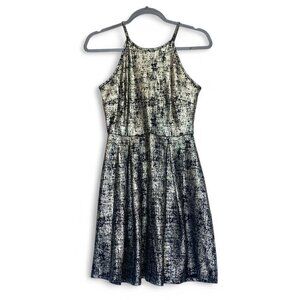 Soprano Metallic Black & Silver Textured Halter Fit & Flare Mini Dress Size Smal